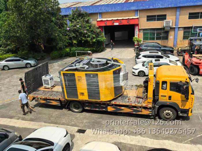 3-color automatic plastic bottle screen printing machine loaded on a yellow truck for dispatch